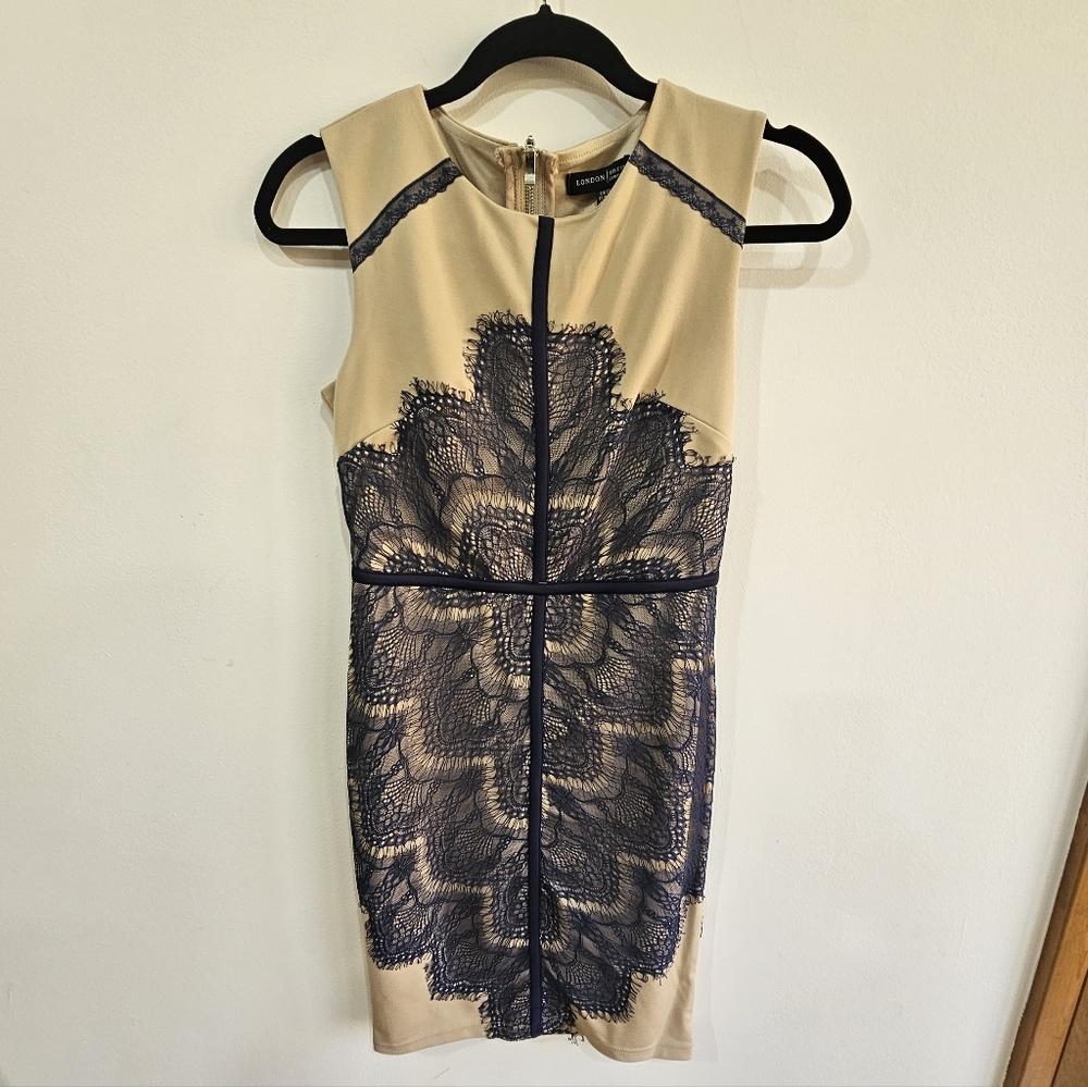 London Shift Dress : Cream With Blue Lace